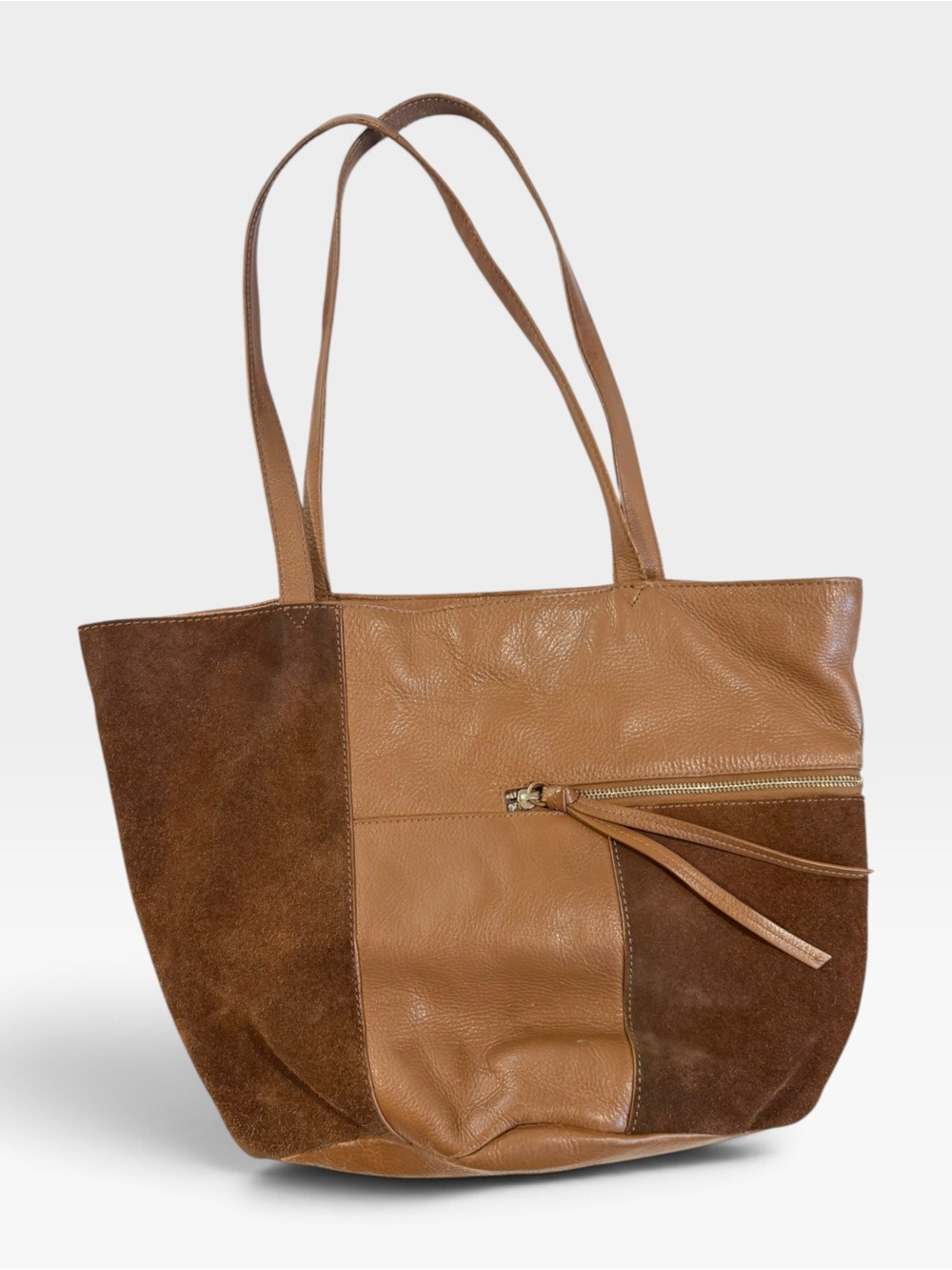 Kooba Brown Leather Suede Tote Shoulder Bag Front Zip Pocket Y2K Boho Earthtone